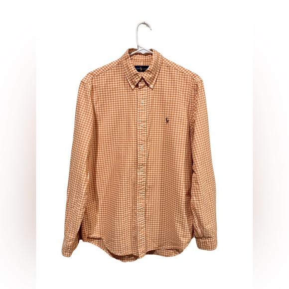 Men’s Ralph Lauren Button Up Gingham Orange & White Long Sleeve Shirt Sz Medium - Picture 1 of 9